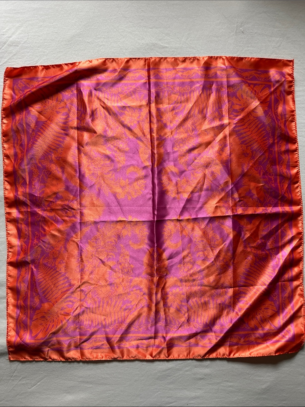Silk-Feel Floral Square Scarf in Fuchsia and Orange
